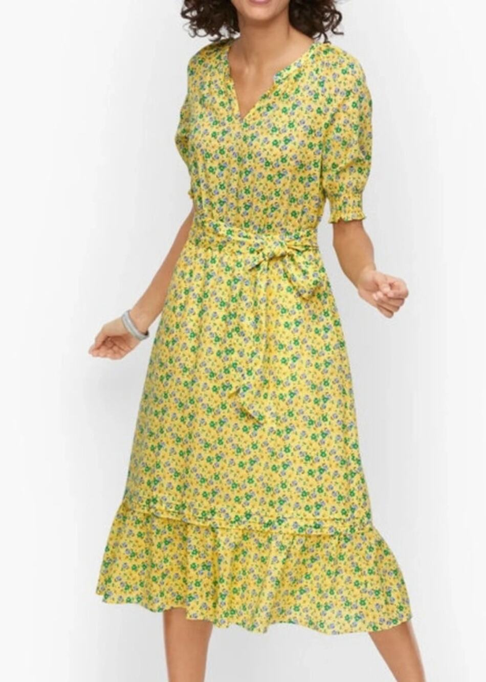 Talbots Yellow Floral Fit & Flare Voile Midi Dress Size Large